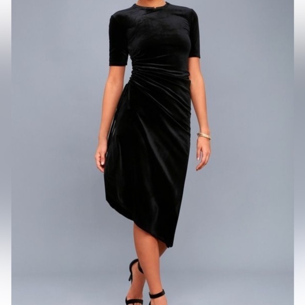 RD Style ruched asymmetrical black velvet dress